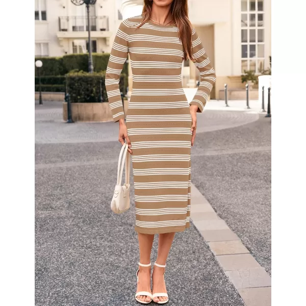 imageZESICA Womens Fall Long Sleeve Striped Knit Midi Dresses Crewneck Side Slit Bodycon Sweater DressKhaki