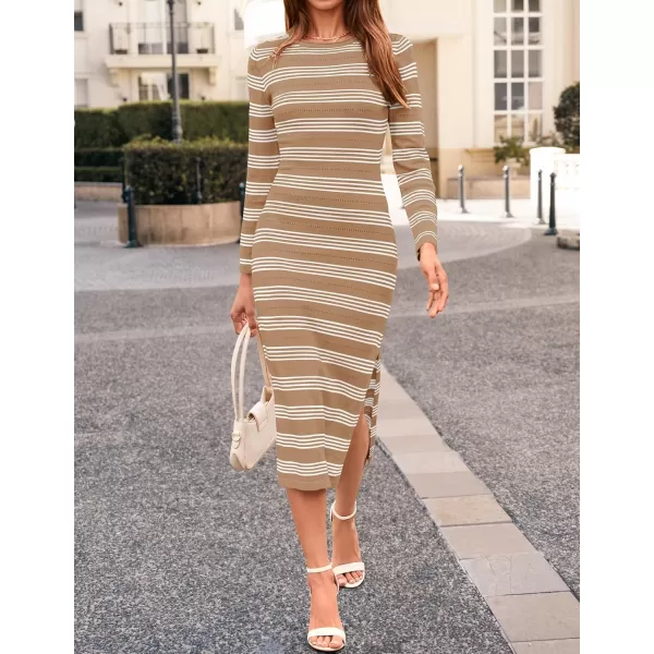 imageZESICA Womens Fall Long Sleeve Striped Knit Midi Dresses Crewneck Side Slit Bodycon Sweater DressKhaki