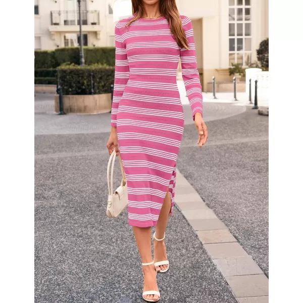 imageZESICA Womens Fall Long Sleeve Striped Knit Midi Dresses Crewneck Side Slit Bodycon Sweater DressPink