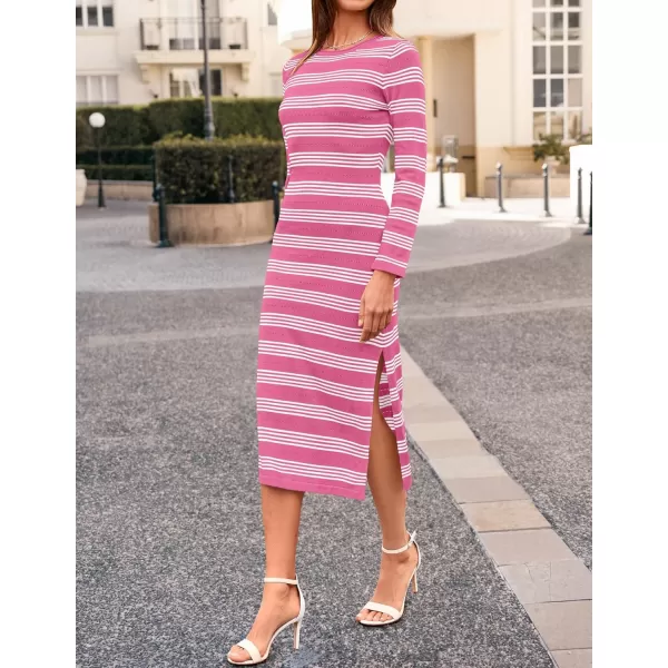 imageZESICA Womens Fall Long Sleeve Striped Knit Midi Dresses Crewneck Side Slit Bodycon Sweater DressPink