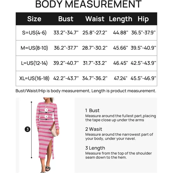 imageZESICA Womens Fall Long Sleeve Striped Knit Midi Dresses Crewneck Side Slit Bodycon Sweater DressPink