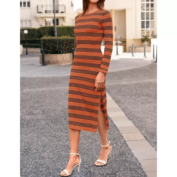 imageZESICA Womens Fall Long Sleeve Striped Knit Midi Dresses Crewneck Side Slit Bodycon Sweater DressRust