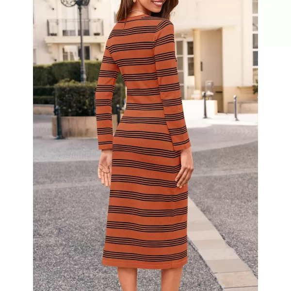 imageZESICA Womens Fall Long Sleeve Striped Knit Midi Dresses Crewneck Side Slit Bodycon Sweater DressRust