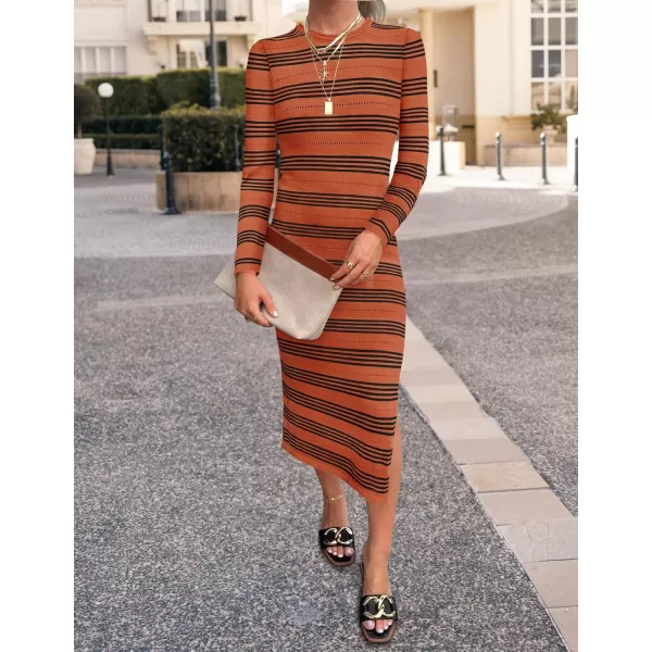 imageZESICA Womens Fall Long Sleeve Striped Knit Midi Dresses Crewneck Side Slit Bodycon Sweater DressRust