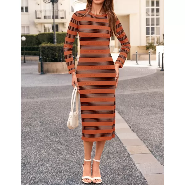 imageZESICA Womens Fall Long Sleeve Striped Knit Midi Dresses Crewneck Side Slit Bodycon Sweater DressRust