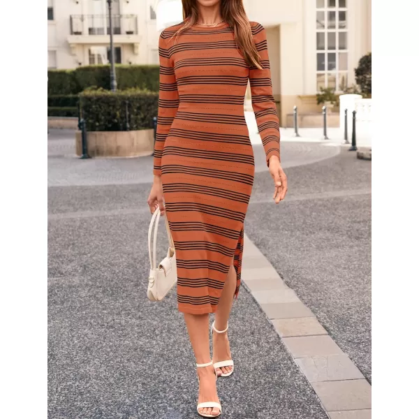 imageZESICA Womens Fall Long Sleeve Striped Knit Midi Dresses Crewneck Side Slit Bodycon Sweater DressRust
