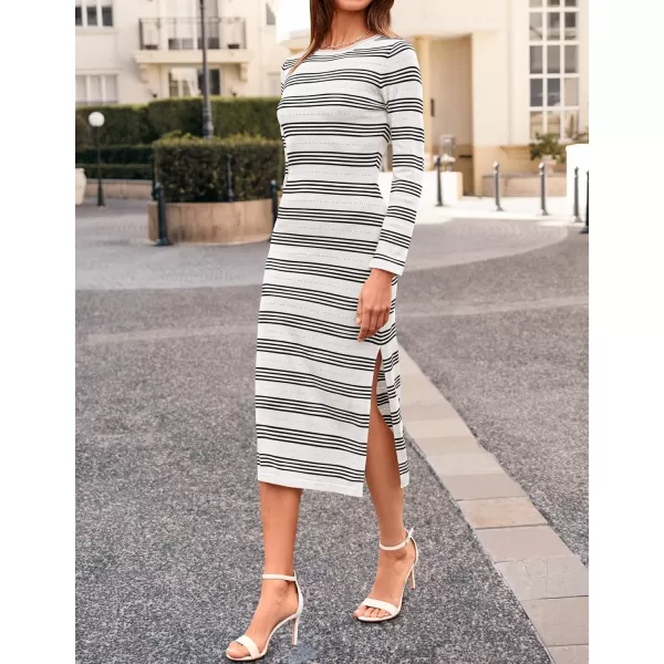 imageZESICA Womens Fall Long Sleeve Striped Knit Midi Dresses Crewneck Side Slit Bodycon Sweater DressWhite