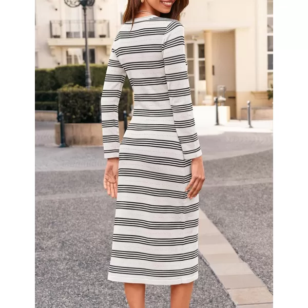 imageZESICA Womens Fall Long Sleeve Striped Knit Midi Dresses Crewneck Side Slit Bodycon Sweater DressWhite