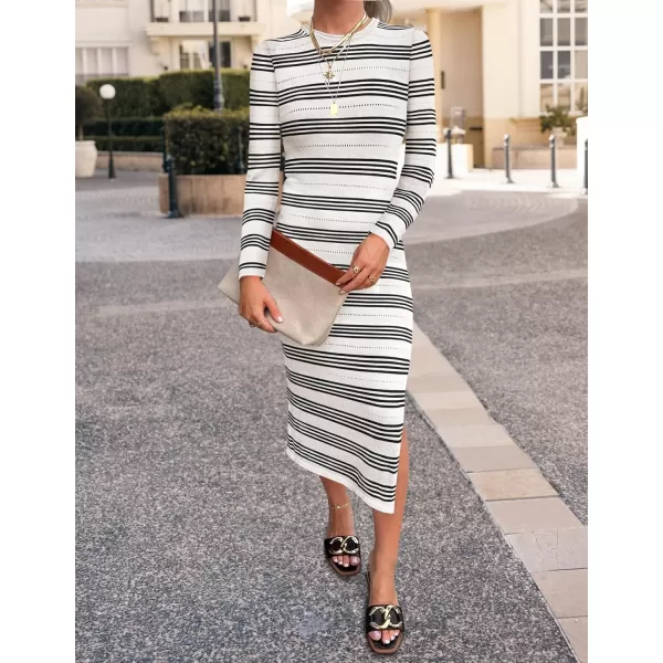 imageZESICA Womens Fall Long Sleeve Striped Knit Midi Dresses Crewneck Side Slit Bodycon Sweater DressWhite