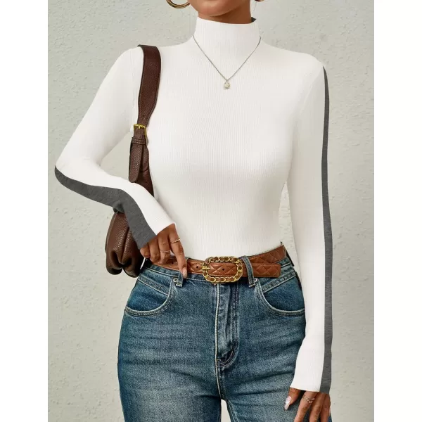 imageZESICA Womens Fall Mock Neck Sweaters 2024 Long Sleeve Color Block Ribbed Knit Shirts Basic Slim Fit Pullover TopsBeige