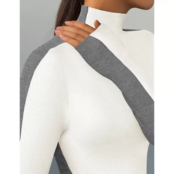 imageZESICA Womens Fall Mock Neck Sweaters 2024 Long Sleeve Color Block Ribbed Knit Shirts Basic Slim Fit Pullover TopsBeige