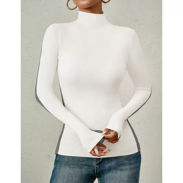 imageZESICA Womens Fall Mock Neck Sweaters 2024 Long Sleeve Color Block Ribbed Knit Shirts Basic Slim Fit Pullover TopsBeige