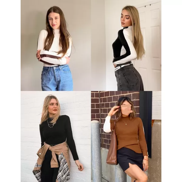 imageZESICA Womens Fall Mock Neck Sweaters 2024 Long Sleeve Color Block Ribbed Knit Shirts Basic Slim Fit Pullover TopsBeige