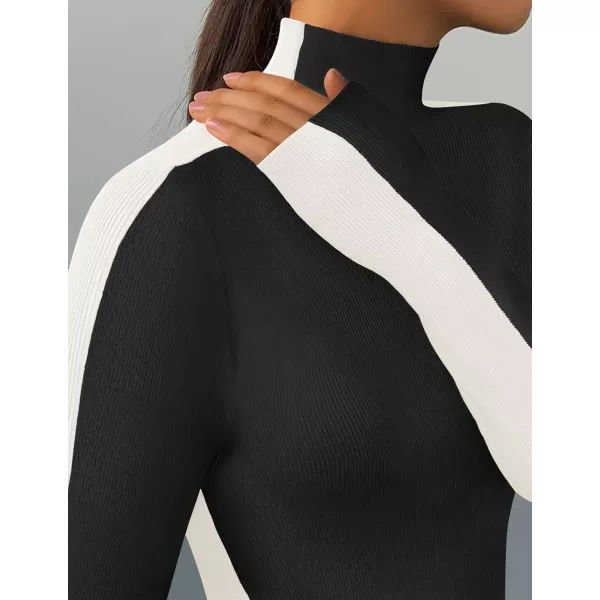 imageZESICA Womens Fall Mock Neck Sweaters 2024 Long Sleeve Color Block Ribbed Knit Shirts Basic Slim Fit Pullover TopsBlack