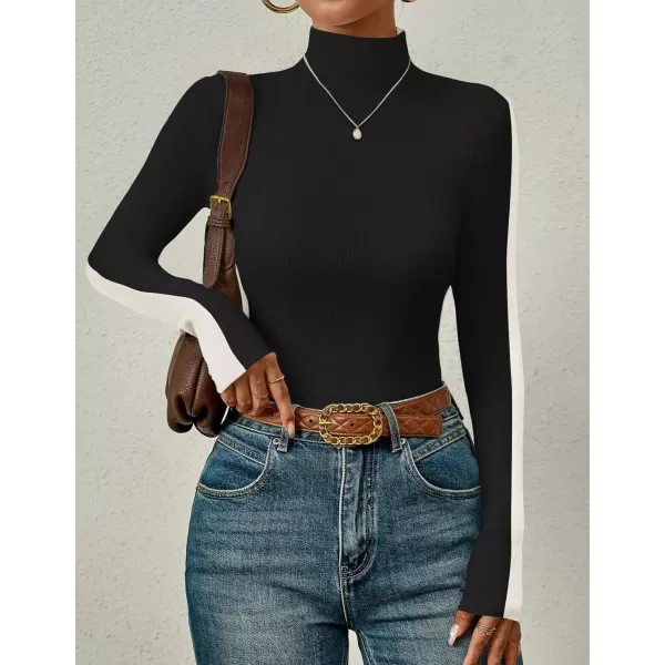 imageZESICA Womens Fall Mock Neck Sweaters 2024 Long Sleeve Color Block Ribbed Knit Shirts Basic Slim Fit Pullover TopsBlack