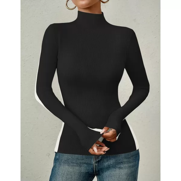 imageZESICA Womens Fall Mock Neck Sweaters 2024 Long Sleeve Color Block Ribbed Knit Shirts Basic Slim Fit Pullover TopsBlack
