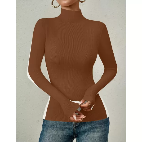 imageZESICA Womens Fall Mock Neck Sweaters 2024 Long Sleeve Color Block Ribbed Knit Shirts Basic Slim Fit Pullover TopsCaramel