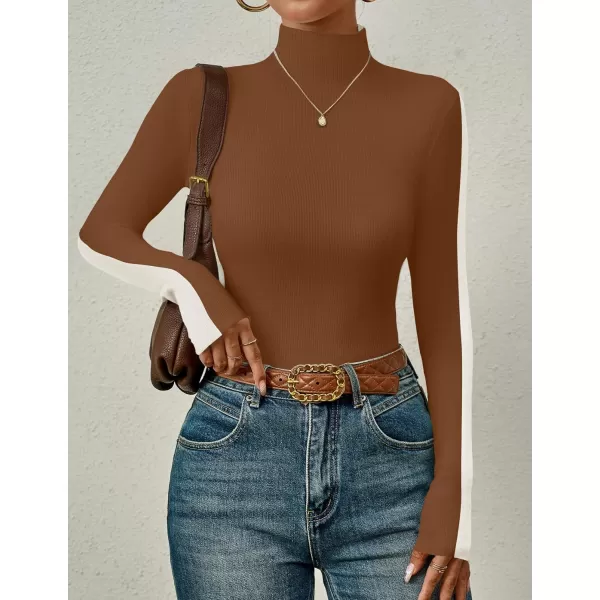 imageZESICA Womens Fall Mock Neck Sweaters 2024 Long Sleeve Color Block Ribbed Knit Shirts Basic Slim Fit Pullover TopsCaramel