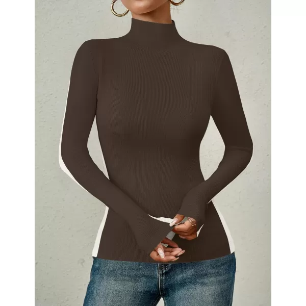 imageZESICA Womens Fall Mock Neck Sweaters 2024 Long Sleeve Color Block Ribbed Knit Shirts Basic Slim Fit Pullover TopsCoffee