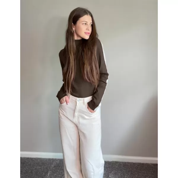 imageZESICA Womens Fall Mock Neck Sweaters 2024 Long Sleeve Color Block Ribbed Knit Shirts Basic Slim Fit Pullover TopsCoffee