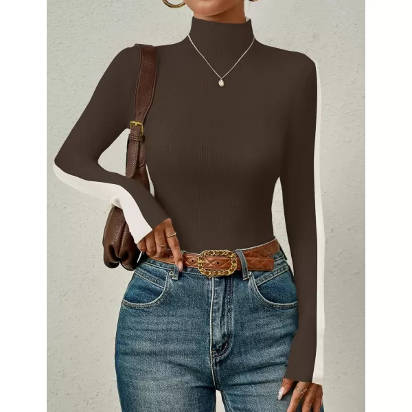 imageZESICA Womens Fall Mock Neck Sweaters 2024 Long Sleeve Color Block Ribbed Knit Shirts Basic Slim Fit Pullover TopsCoffee