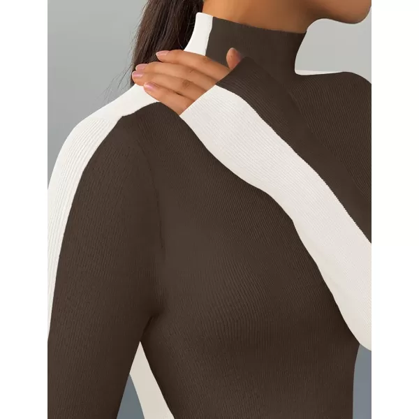 imageZESICA Womens Fall Mock Neck Sweaters 2024 Long Sleeve Color Block Ribbed Knit Shirts Basic Slim Fit Pullover TopsCoffee