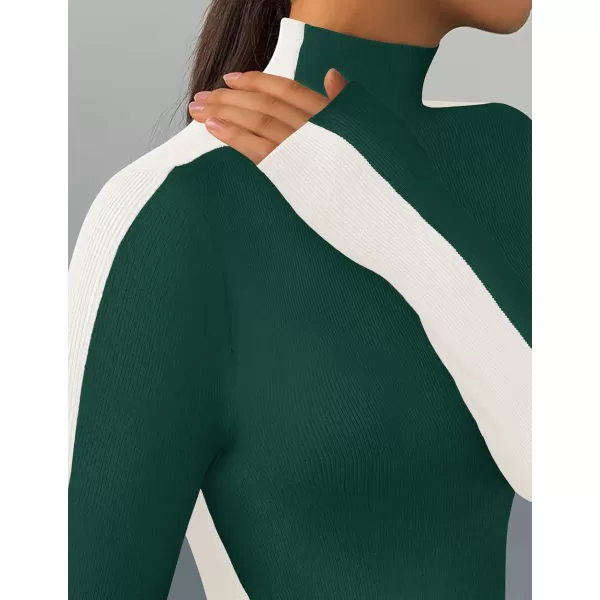 imageZESICA Womens Fall Mock Neck Sweaters 2024 Long Sleeve Color Block Ribbed Knit Shirts Basic Slim Fit Pullover TopsDark Green