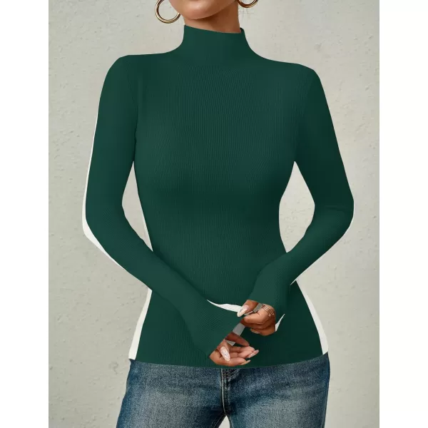 imageZESICA Womens Fall Mock Neck Sweaters 2024 Long Sleeve Color Block Ribbed Knit Shirts Basic Slim Fit Pullover TopsDark Green