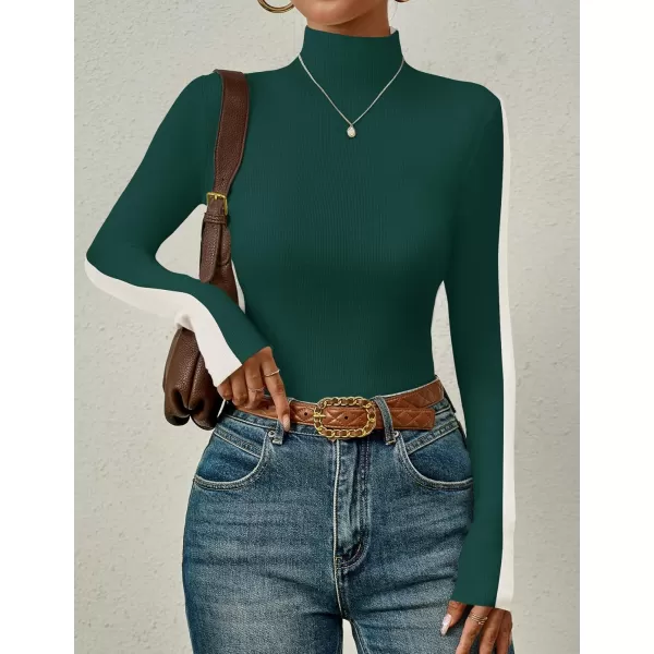 imageZESICA Womens Fall Mock Neck Sweaters 2024 Long Sleeve Color Block Ribbed Knit Shirts Basic Slim Fit Pullover TopsDark Green