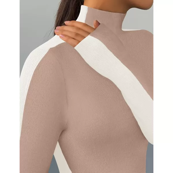 imageZESICA Womens Fall Mock Neck Sweaters 2024 Long Sleeve Color Block Ribbed Knit Shirts Basic Slim Fit Pullover TopsKhaki