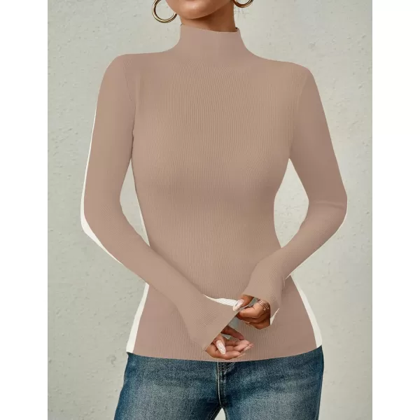 imageZESICA Womens Fall Mock Neck Sweaters 2024 Long Sleeve Color Block Ribbed Knit Shirts Basic Slim Fit Pullover TopsKhaki