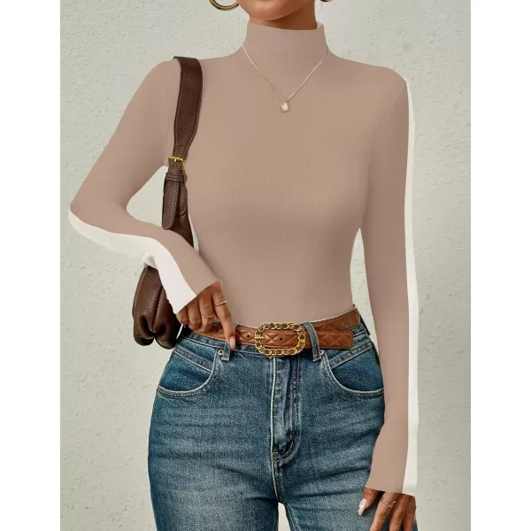imageZESICA Womens Fall Mock Neck Sweaters 2024 Long Sleeve Color Block Ribbed Knit Shirts Basic Slim Fit Pullover TopsKhaki