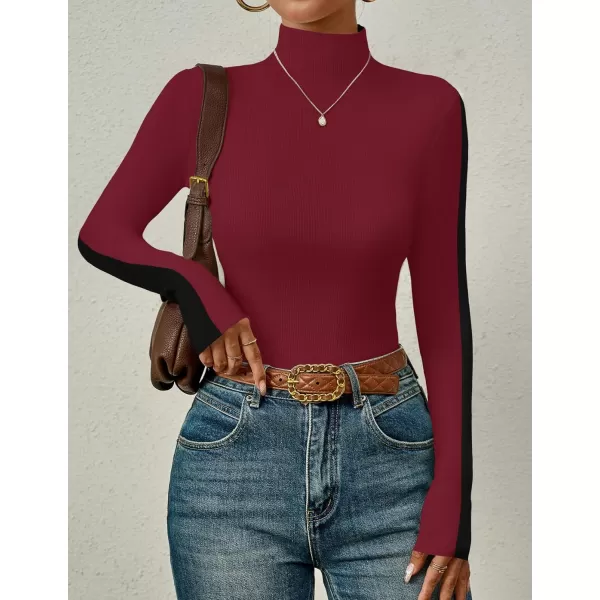 imageZESICA Womens Fall Mock Neck Sweaters 2024 Long Sleeve Color Block Ribbed Knit Shirts Basic Slim Fit Pullover TopsRed