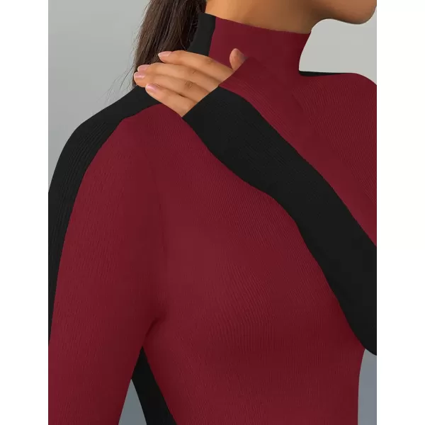 imageZESICA Womens Fall Mock Neck Sweaters 2024 Long Sleeve Color Block Ribbed Knit Shirts Basic Slim Fit Pullover TopsRed