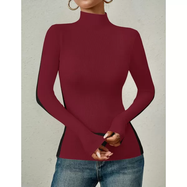imageZESICA Womens Fall Mock Neck Sweaters 2024 Long Sleeve Color Block Ribbed Knit Shirts Basic Slim Fit Pullover TopsRed