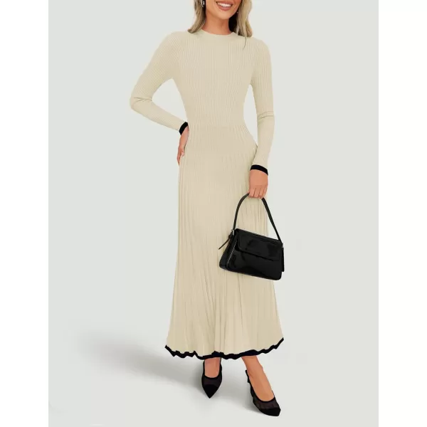 imageZESICA Womens Long Sleeve Sweater Dress 2024 Fall Crewneck Ribbed Knit Pleated ALine Maxi Wedding Guest DressesApricot