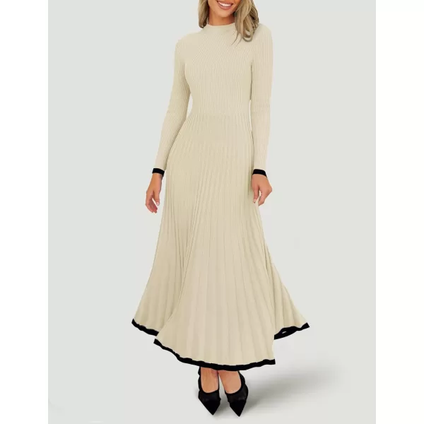 imageZESICA Womens Long Sleeve Sweater Dress 2024 Fall Crewneck Ribbed Knit Pleated ALine Maxi Wedding Guest DressesApricot