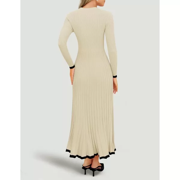 imageZESICA Womens Long Sleeve Sweater Dress 2024 Fall Crewneck Ribbed Knit Pleated ALine Maxi Wedding Guest DressesApricot