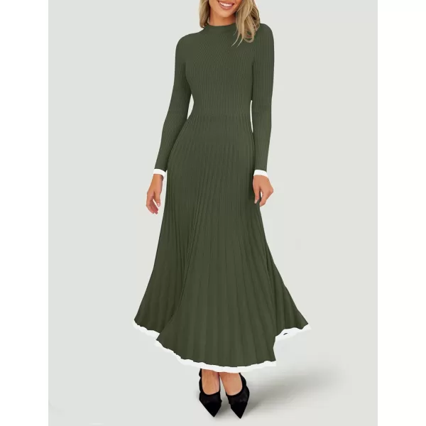 imageZESICA Womens Long Sleeve Sweater Dress 2024 Fall Crewneck Ribbed Knit Pleated ALine Maxi Wedding Guest DressesArmy Green