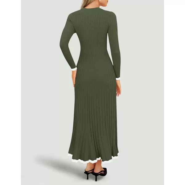 imageZESICA Womens Long Sleeve Sweater Dress 2024 Fall Crewneck Ribbed Knit Pleated ALine Maxi Wedding Guest DressesArmy Green