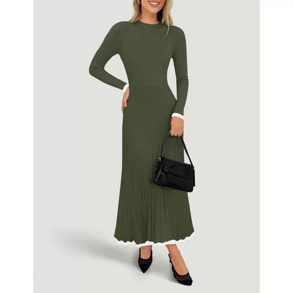 imageZESICA Womens Long Sleeve Sweater Dress 2024 Fall Crewneck Ribbed Knit Pleated ALine Maxi Wedding Guest DressesArmy Green