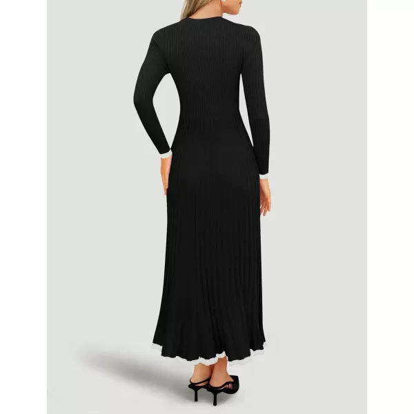 imageZESICA Womens Long Sleeve Sweater Dress 2024 Fall Crewneck Ribbed Knit Pleated ALine Maxi Wedding Guest DressesBlack