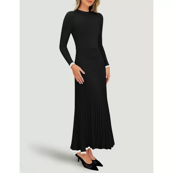 imageZESICA Womens Long Sleeve Sweater Dress 2024 Fall Crewneck Ribbed Knit Pleated ALine Maxi Wedding Guest DressesBlack