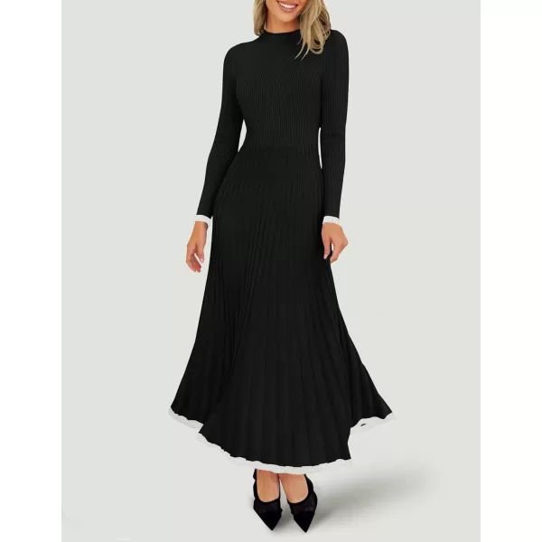 imageZESICA Womens Long Sleeve Sweater Dress 2024 Fall Crewneck Ribbed Knit Pleated ALine Maxi Wedding Guest DressesBlack