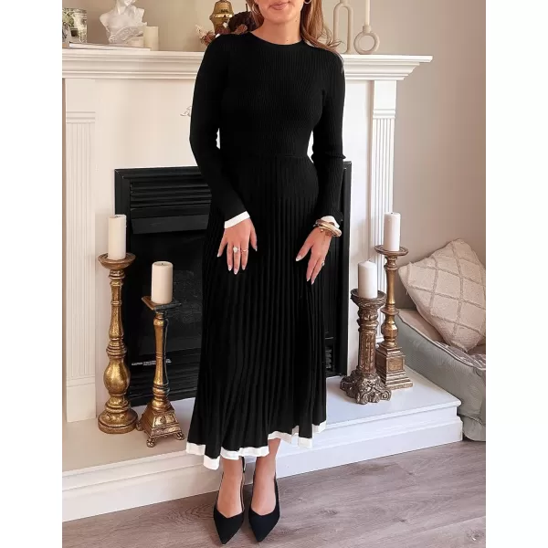 imageZESICA Womens Long Sleeve Sweater Dress 2024 Fall Crewneck Ribbed Knit Pleated ALine Maxi Wedding Guest DressesBlack