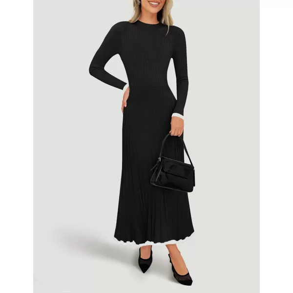 imageZESICA Womens Long Sleeve Sweater Dress 2024 Fall Crewneck Ribbed Knit Pleated ALine Maxi Wedding Guest DressesBlack