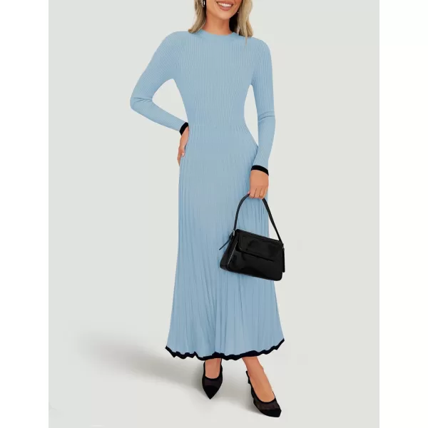imageZESICA Womens Long Sleeve Sweater Dress 2024 Fall Crewneck Ribbed Knit Pleated ALine Maxi Wedding Guest DressesLight Blue