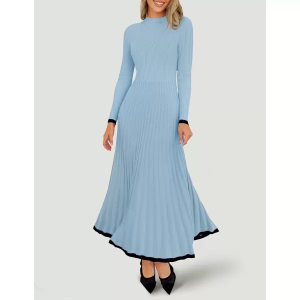 imageZESICA Womens Long Sleeve Sweater Dress 2024 Fall Crewneck Ribbed Knit Pleated ALine Maxi Wedding Guest DressesLight Blue