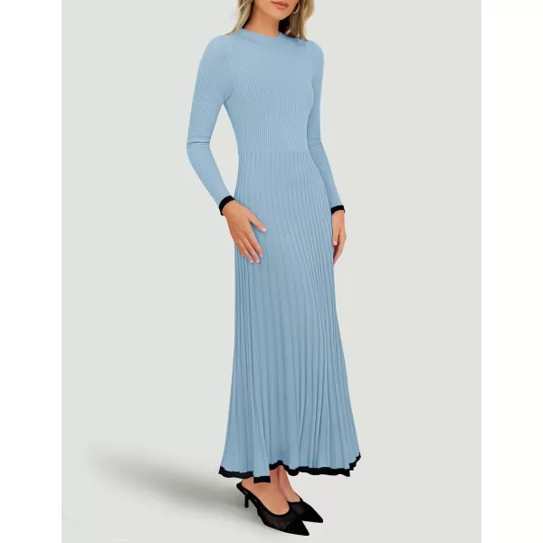 imageZESICA Womens Long Sleeve Sweater Dress 2024 Fall Crewneck Ribbed Knit Pleated ALine Maxi Wedding Guest DressesLight Blue