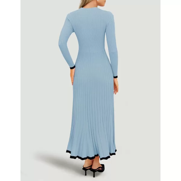 imageZESICA Womens Long Sleeve Sweater Dress 2024 Fall Crewneck Ribbed Knit Pleated ALine Maxi Wedding Guest DressesLight Blue